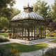 Freestanding wrought iron garden pavilion with arched windows