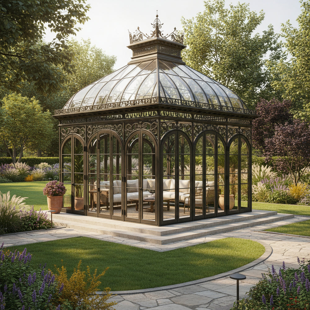 Freestanding wrought iron garden pavilion with arched windows