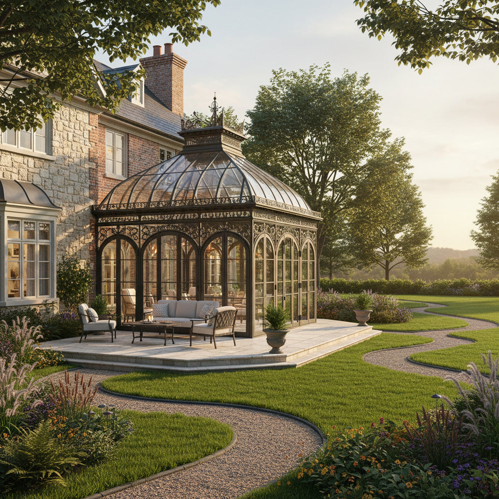 Luxury estate conservatory surrounded by flowers and greenery