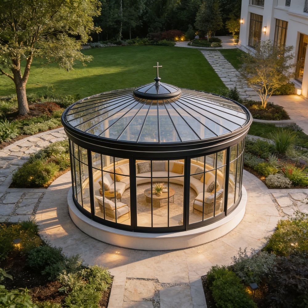 Modern round conservatory with floor‑to‑ceiling glass panels