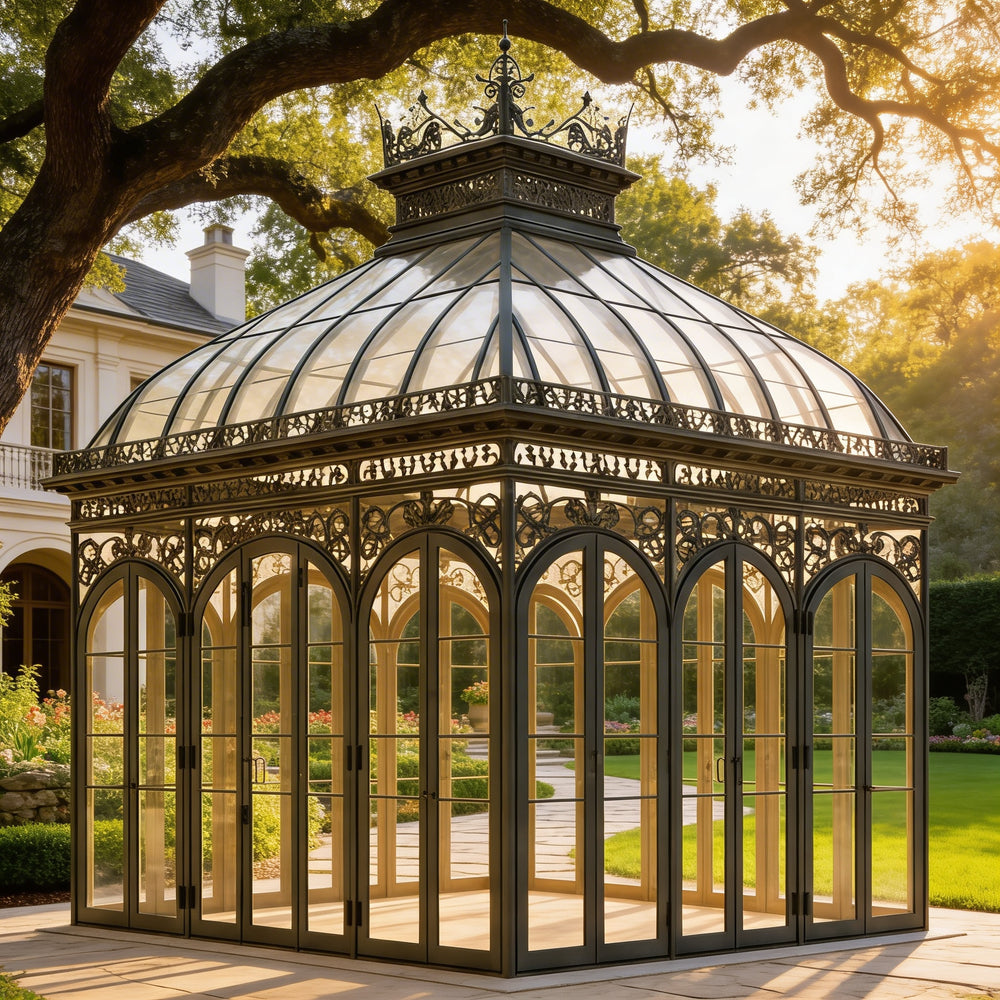 Decorative wrought iron conservatory with crown roof cresting