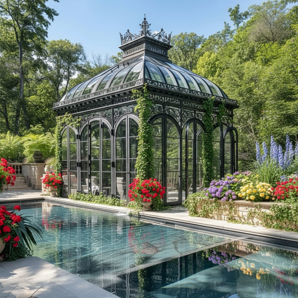 Premium outdoor glass pavilion in landscaped garden setting