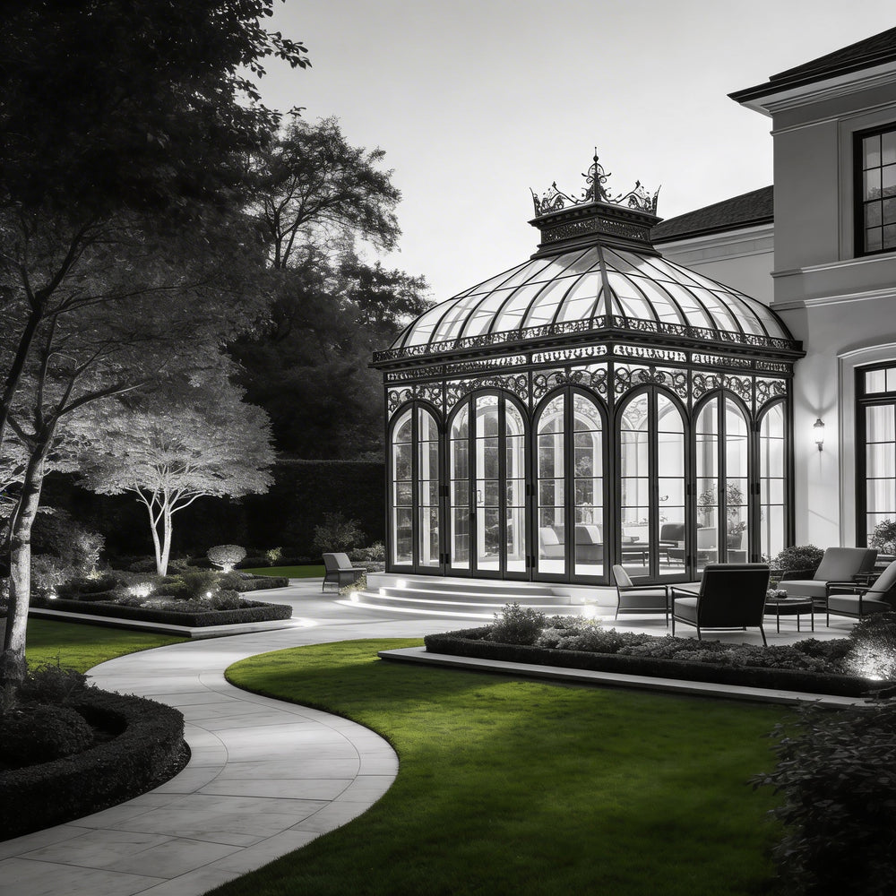 Orchard with a large glass conservatory in a garden setting