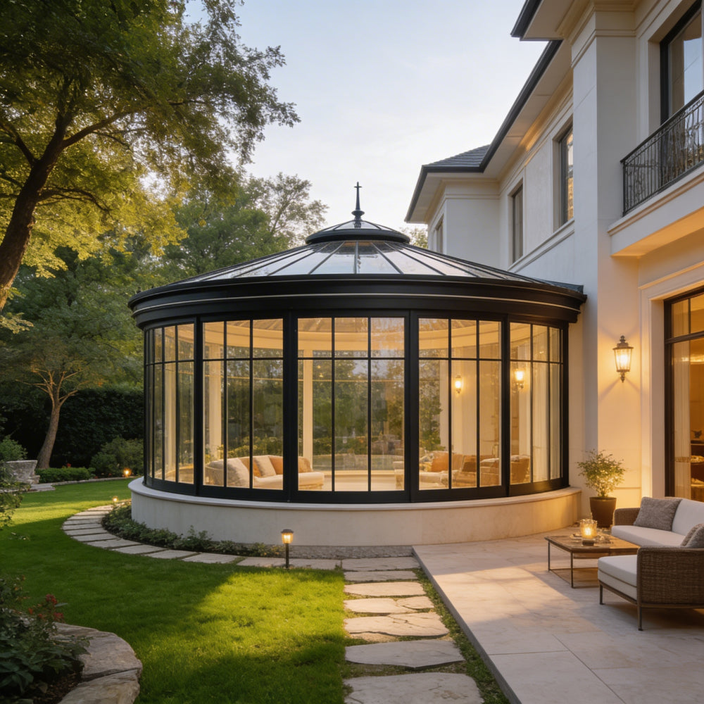 Modern round conservatory with full‑height windows