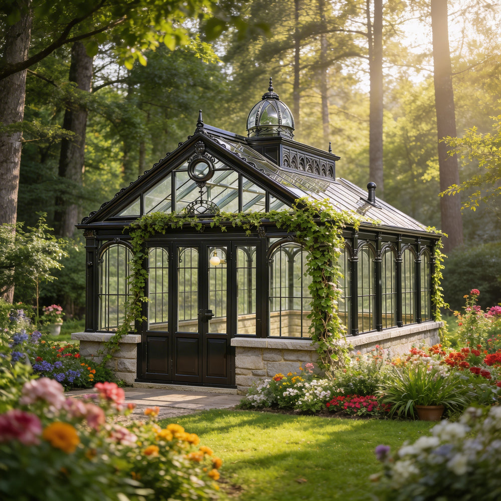 Orchard greenhouse with floral garden and trees in the background