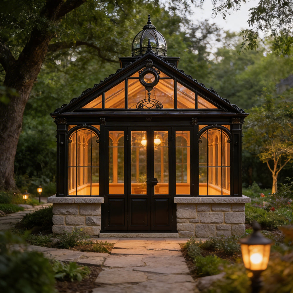 Glasshouse with stone foundation in a garden setting