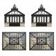 Two identical images of a black-framed glasshouse with stone base on a white background.