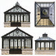 Four different designs of glasshouses with stone bases on a white background