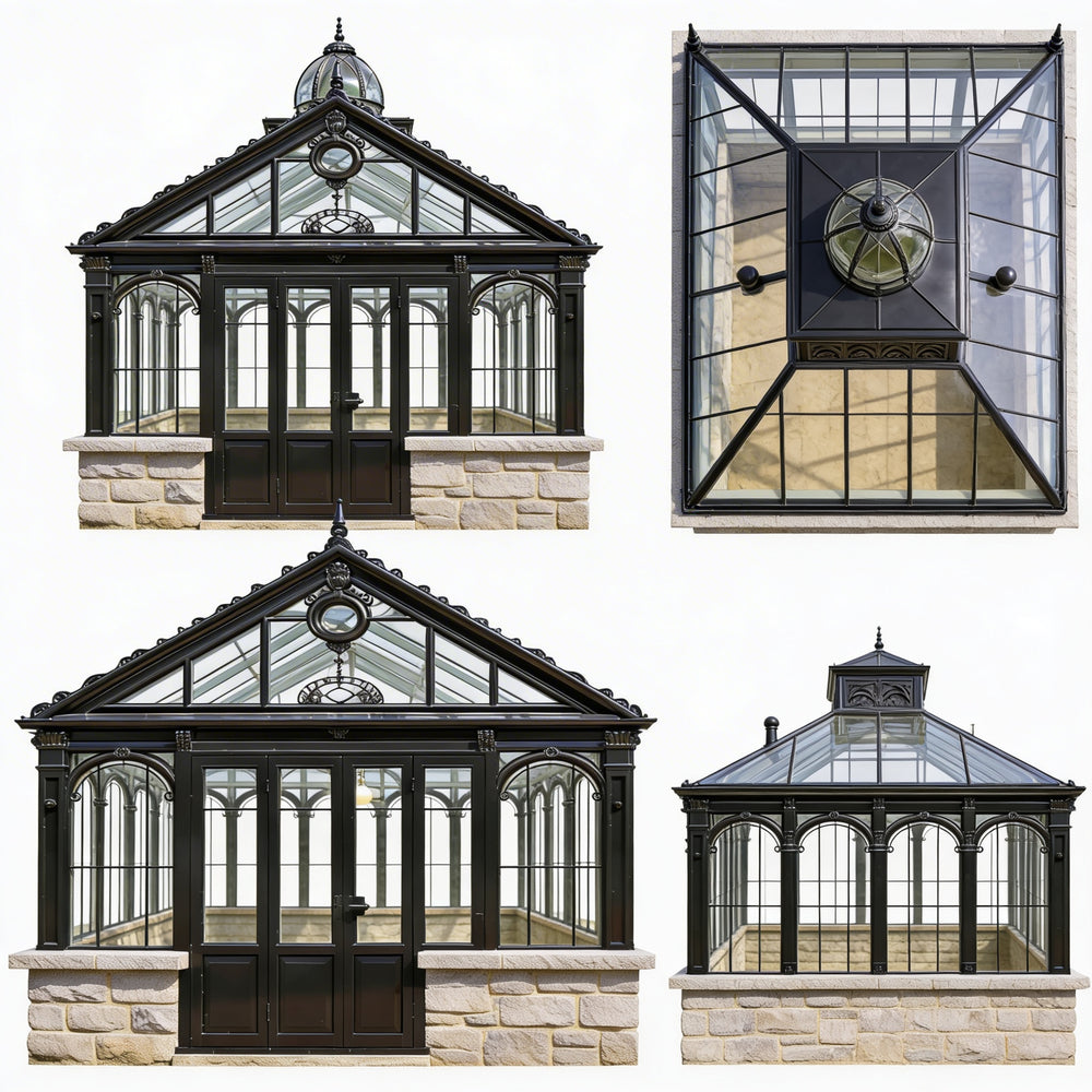 Four different designs of glasshouses with stone bases on a white background