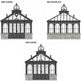 Architectural drawings of a conservatory from front, side, and rear elevations.