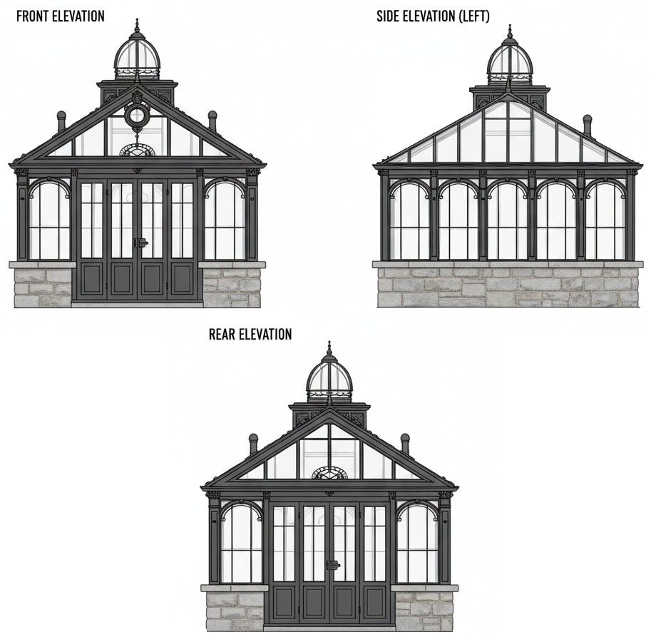 Architectural drawings of a conservatory from front, side, and rear elevations.