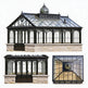 Three different designs of glasshouses with stone bases on a white background