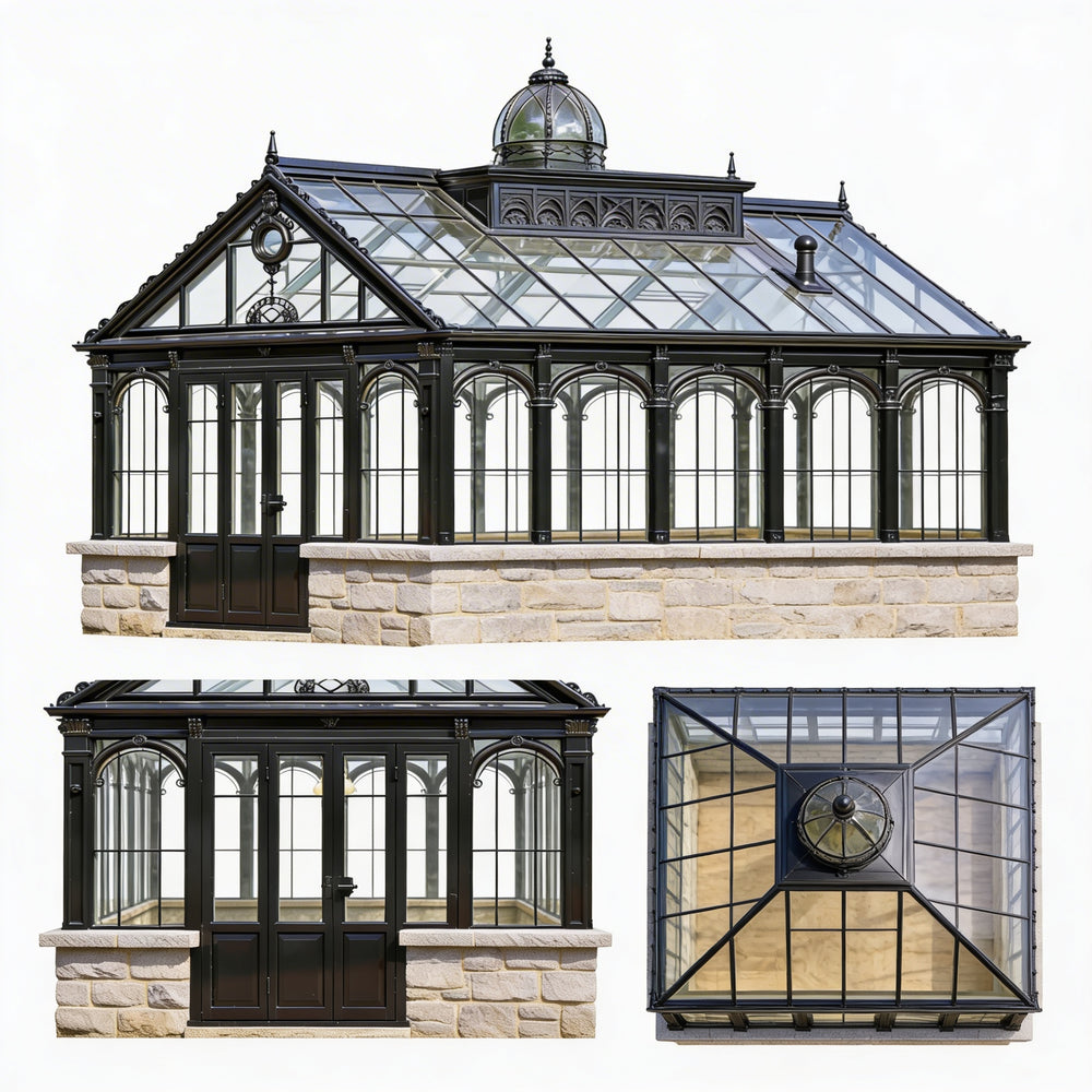 Three different designs of glasshouses with stone bases on a white background