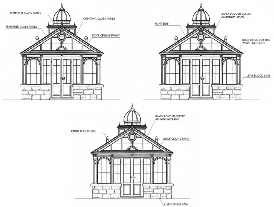 Technical drawing of a conservatory with labeled components on a white background