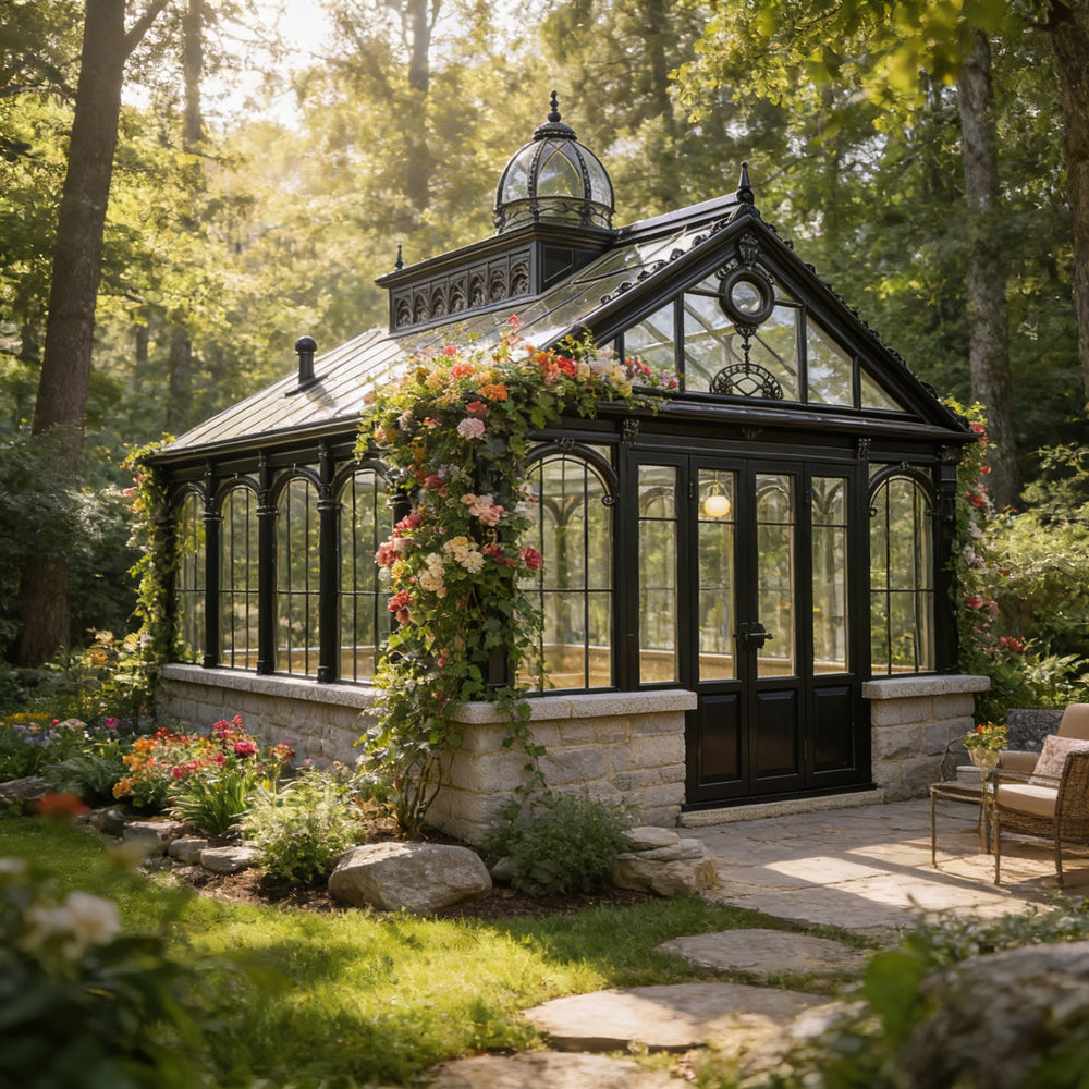 Orchard house with a glass roof in a garden setting