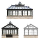 Three designs of glasshouses with stone bases on a white background