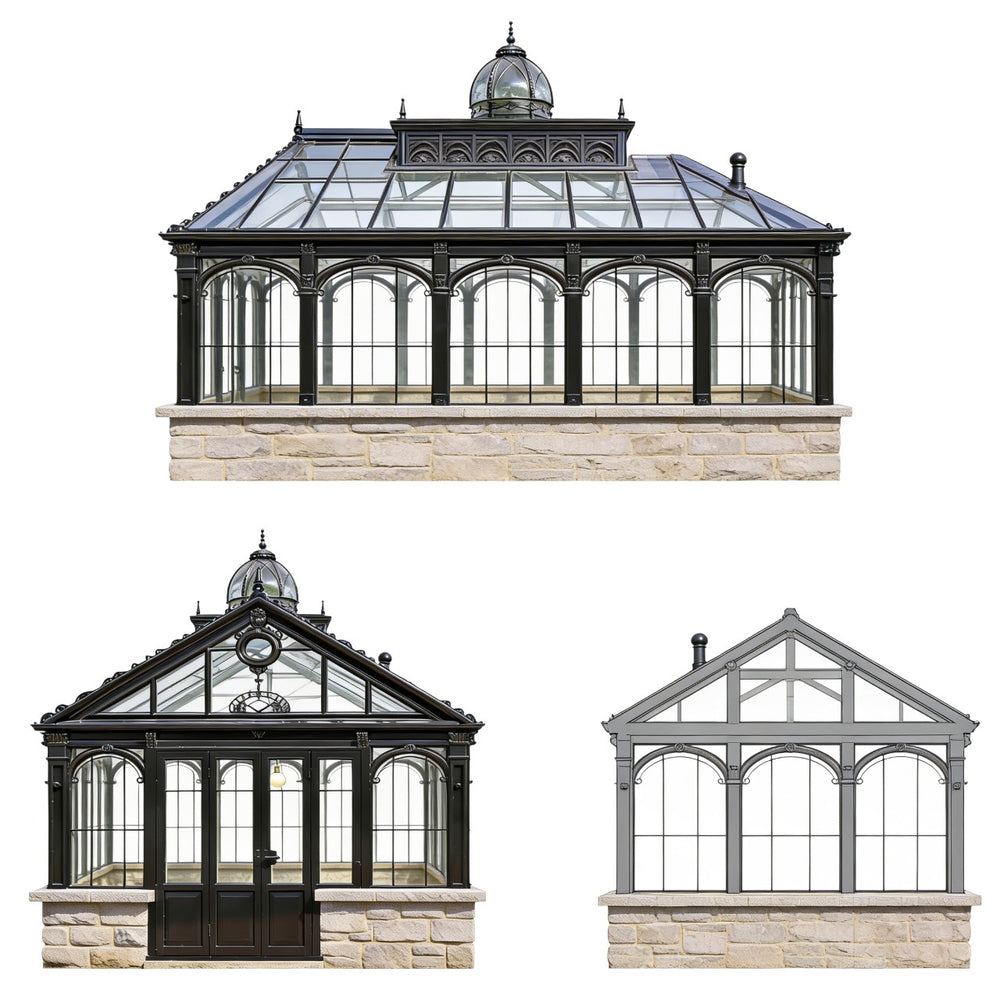 Three designs of glasshouses with stone bases on a white background