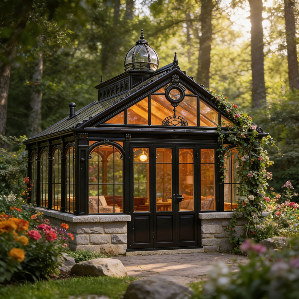 Orchard house with glass roof and stone foundation surrounded by flowers and trees
