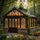 Orchard house with glass roof and stone foundation in a garden setting