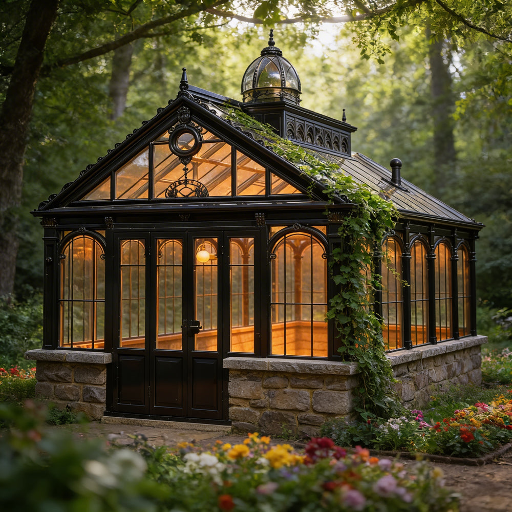 Orchard house with glass roof and stone foundation in a garden setting