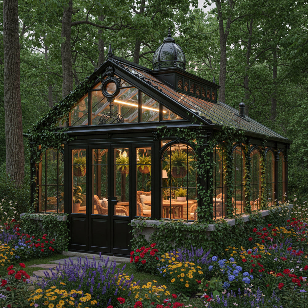 Glasshouse with ivy and flowers in a garden setting