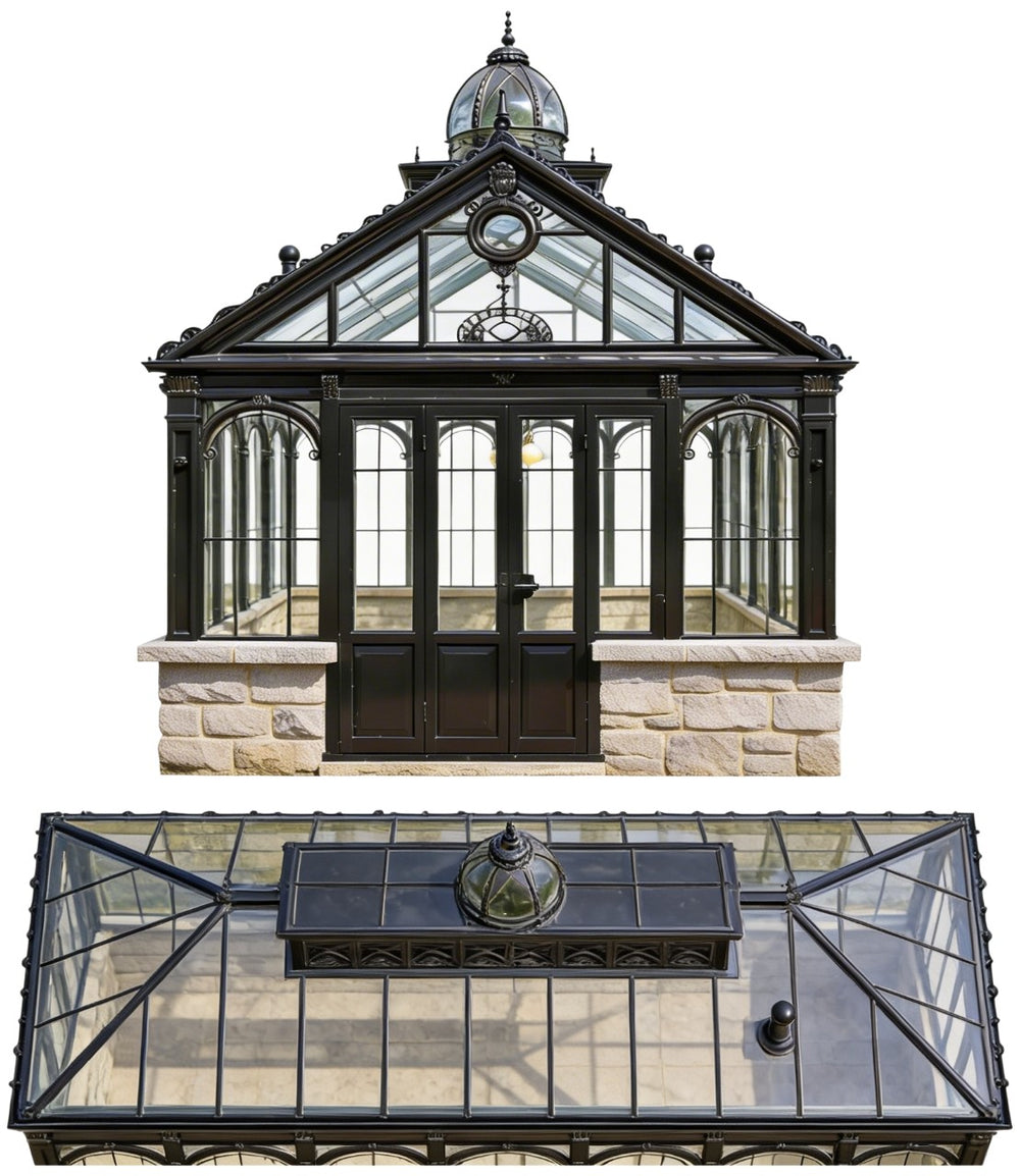 Glass conservatory with stone foundation on a white background