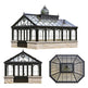 Three images of a stone building with glass roof and dome on a white background