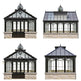 Four different designs of glasshouses with stone bases on a white background