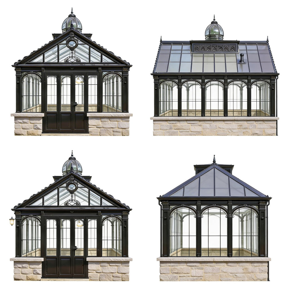 Four different designs of glasshouses with stone bases on a white background