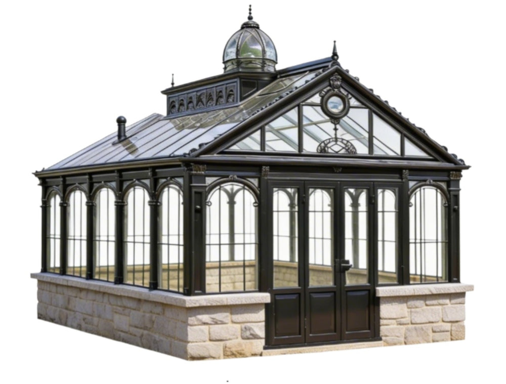 Glasshouse with stone foundation on a white background