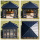 Collage of a dark blue gazebo with wooden benches on a grassy background