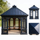 Blue garden gazebo with detailed lattice work on a white background