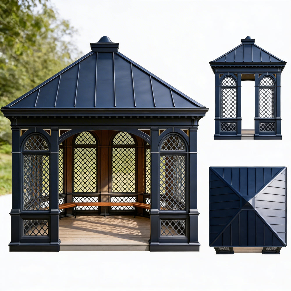 Blue garden gazebo with detailed lattice work on a white background