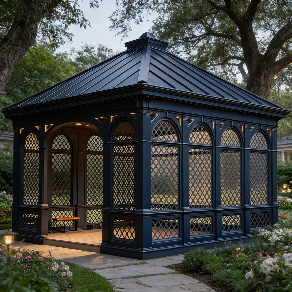 Dark blue gazebo with lattice design in a garden setting