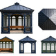 Collection of garden pavilions with different roof designs on a white background