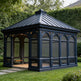 Decorative garden gazebo with lattice design on a grassy area with trees in the background