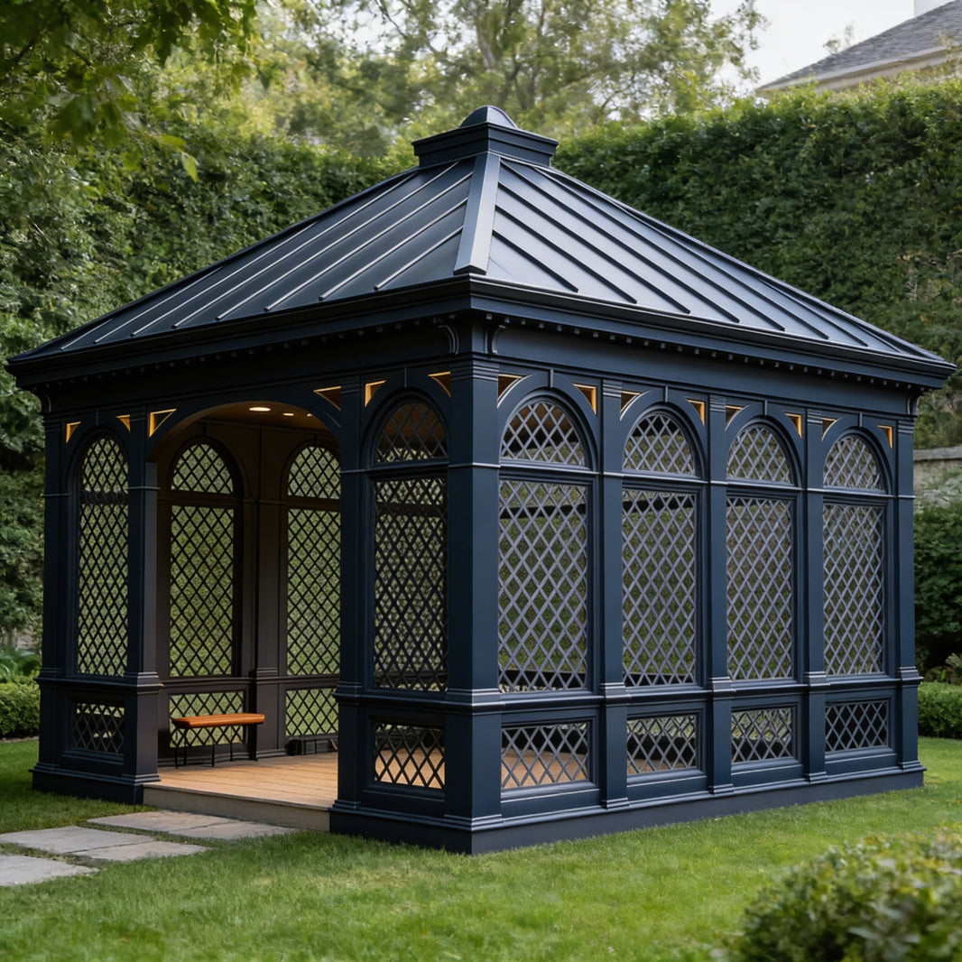 Decorative garden gazebo with lattice design on a grassy area with trees in the background