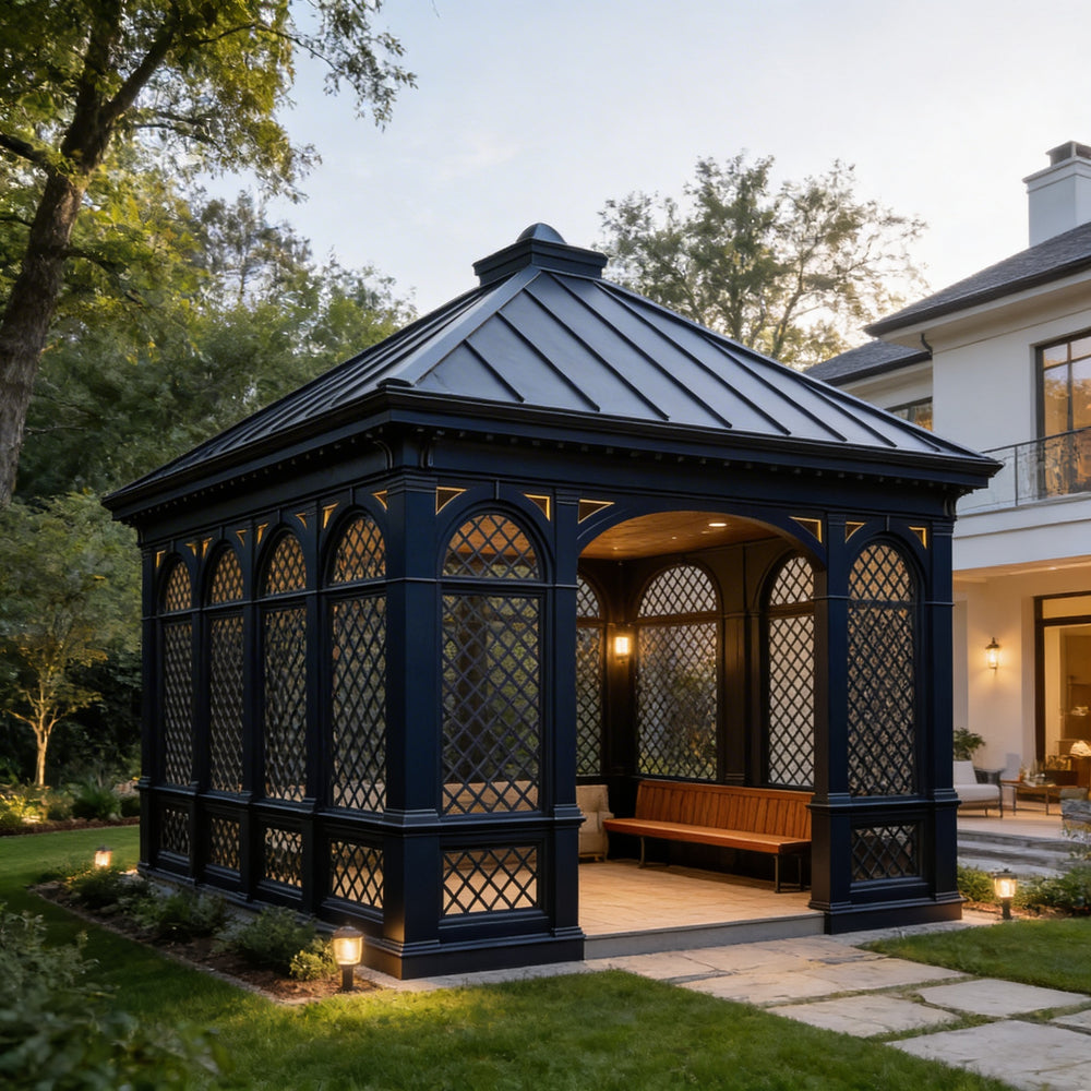 Black hexagonal gazebo with lattice design in a garden setting.