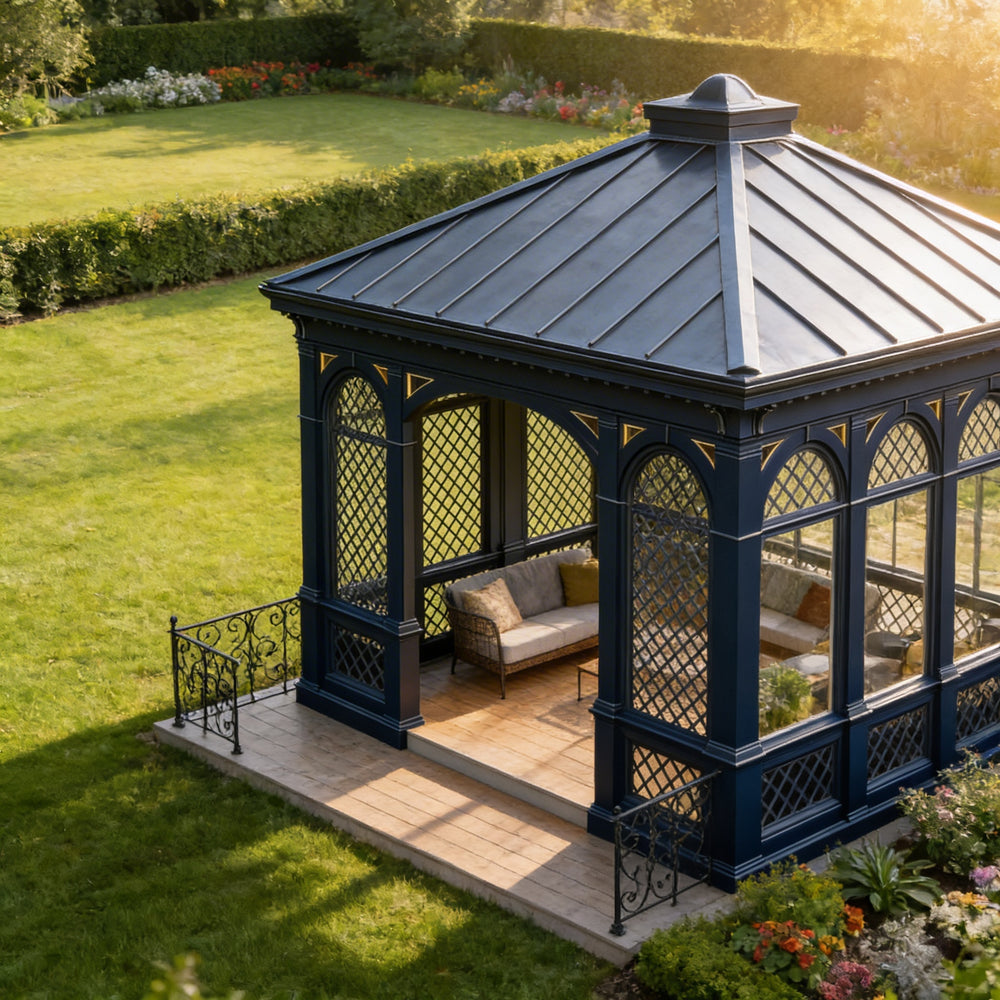 Blue gazebo with outdoor furniture in a garden setting