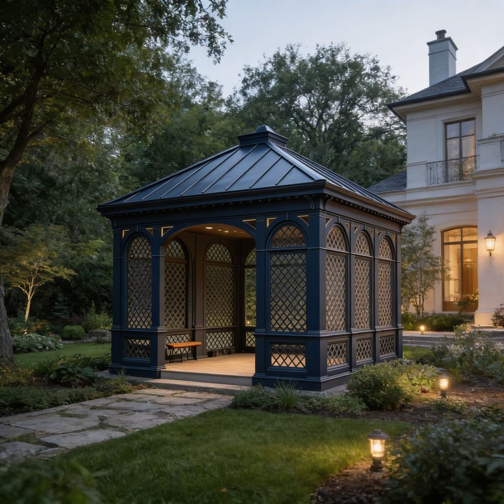 Blue gazebo in a garden setting with a house in the background