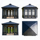 Four views of a dark blue gazebo with a white background