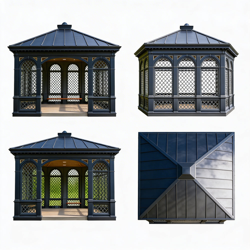 Four views of a dark blue gazebo with a white background