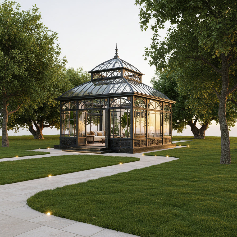 Glass gazebo in a garden setting with trees and a clear sky