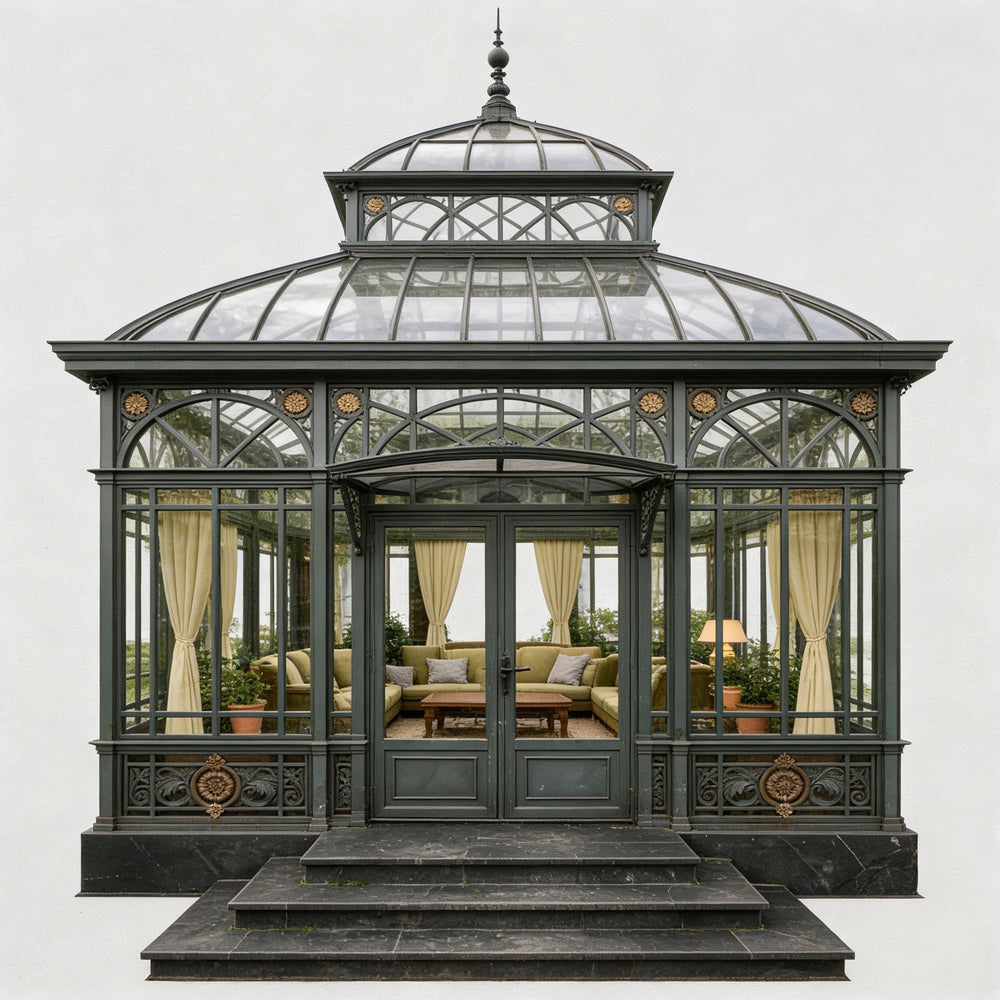 Large glass conservatory with a domed roof and ornate detailing on a white background