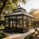Orchard house with glass roof in a garden setting