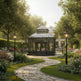 Gazebo in a lush garden with flowers and a stone path