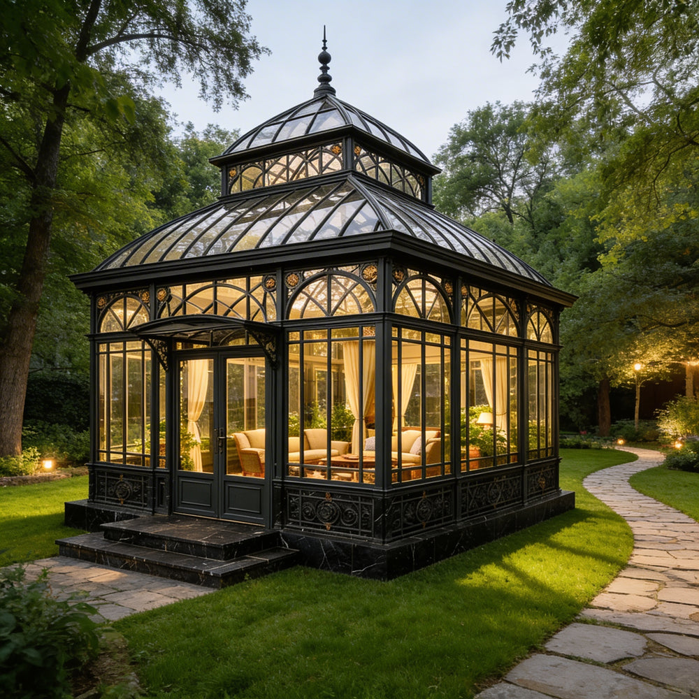 Orchard house with glass walls in a garden setting