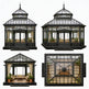 Four different designs of a black-framed glasshouse with various roof shapes on a white background.