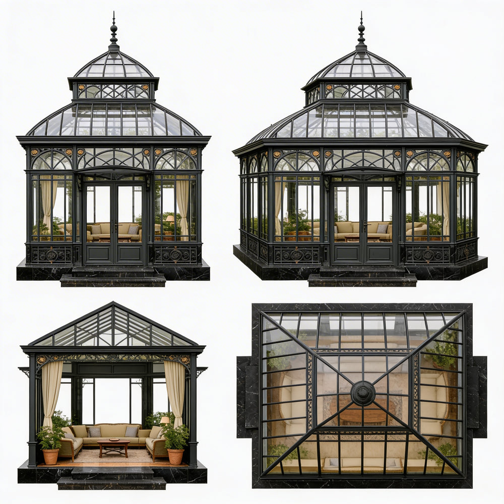 Four different designs of a black-framed glasshouse with various roof shapes on a white background.