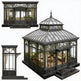 Black ornate glasshouses with detailed architecture on a white background